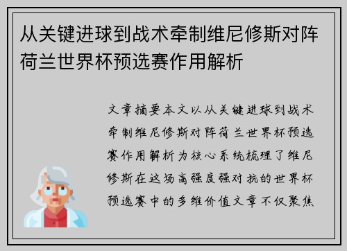 从关键进球到战术牵制维尼修斯对阵荷兰世界杯预选赛作用解析